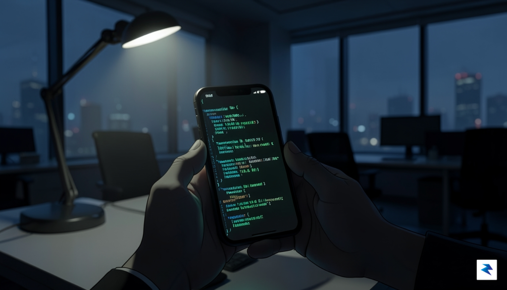 A dark, moody digital illustration showing a glowing smartphone screen…