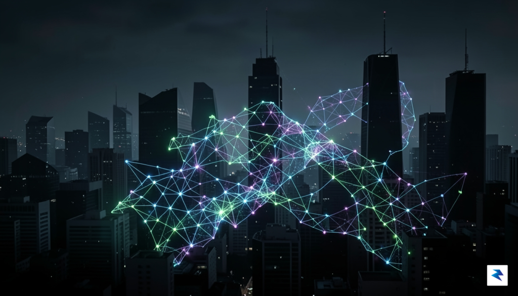 A conceptual digital art piece showing a glowing, intricate blockchain…