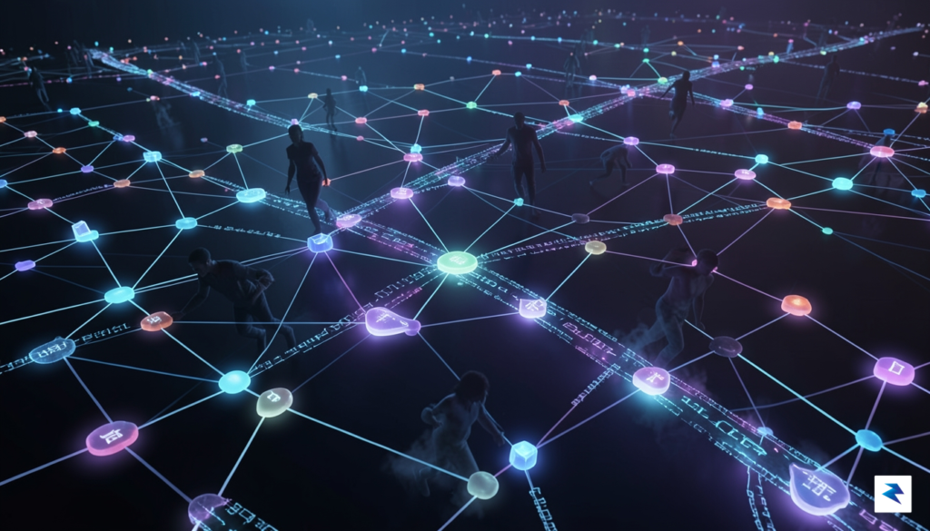 A digital illustration depicting a vast, glowing web of interconnected…