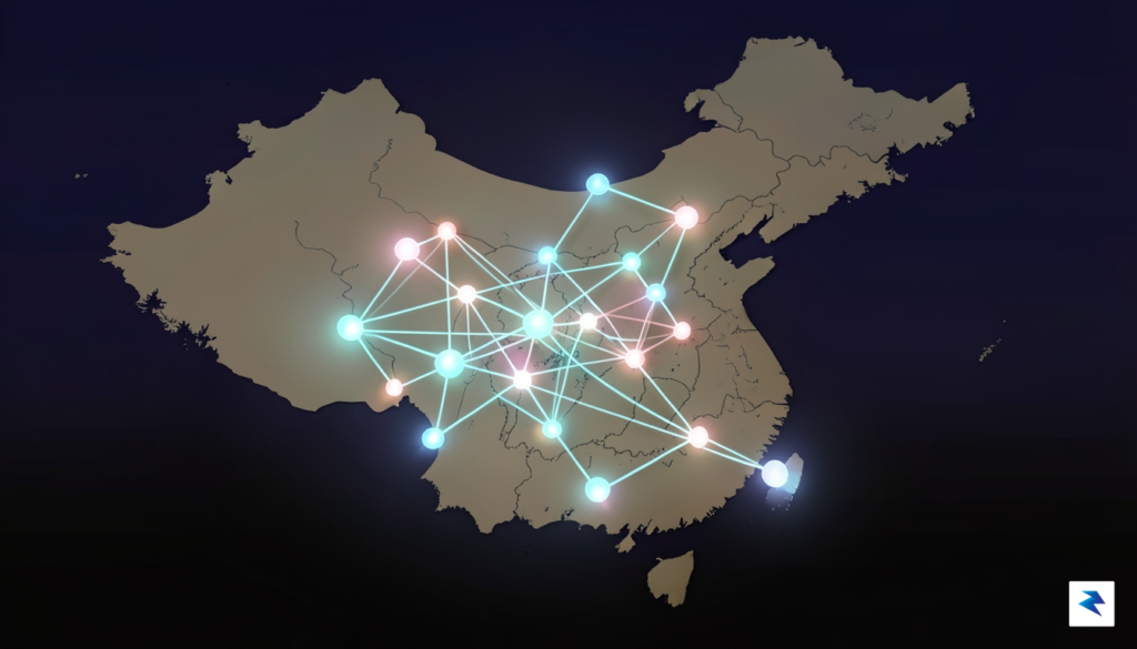 A digital illustration showing a glowing, abstract neon network of…