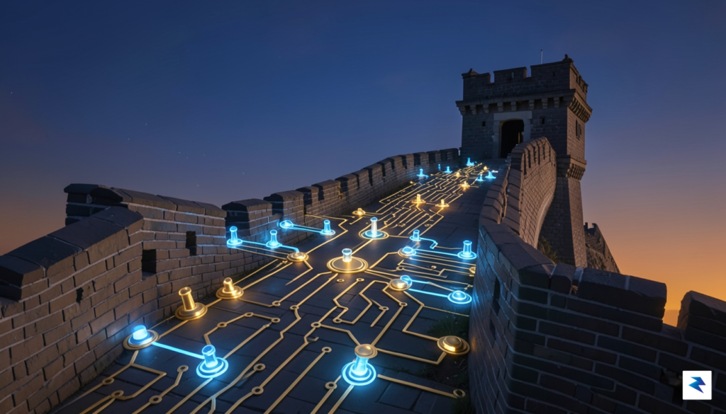 A conceptual illustration showing a digital circuit board merging with…