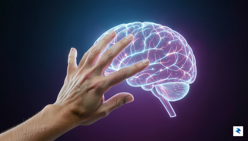 A conceptual digital art piece showing a human hand reaching&hellip;