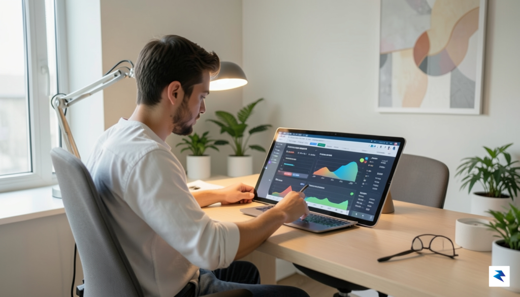 A modern digital workspace featuring a diverse creator using a&hellip;