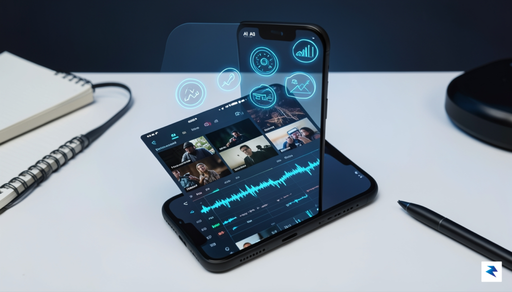 A sleek, modern smartphone interface displaying a futuristic AI dashboard&hellip;