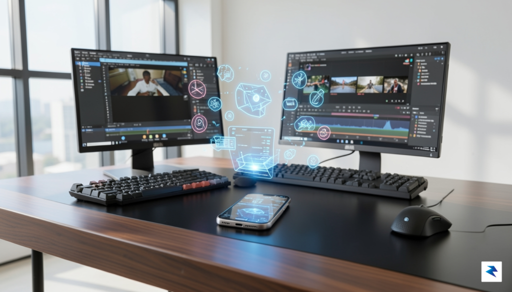 A sleek, modern workspace featuring a glowing holographic digital assistant&hellip;