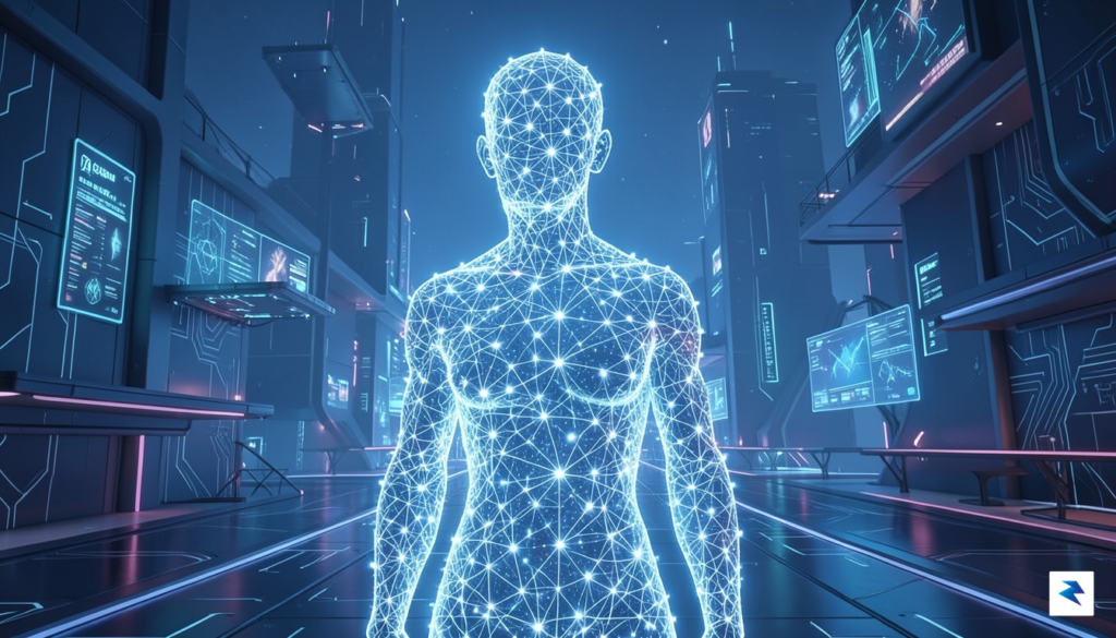 A conceptual representation of a glowing, interconnected digital neural network&hellip;