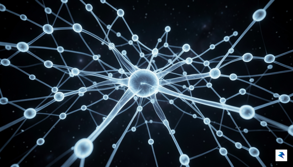 A conceptual 3D visualization of a neural network with glowing,&hellip;