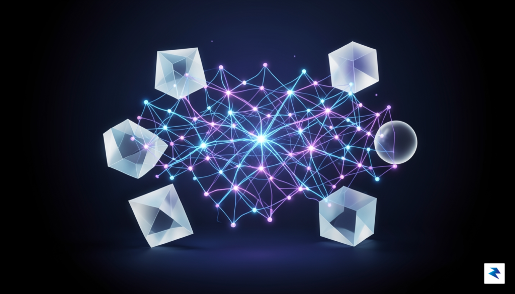 A conceptual digital visualization showing a glowing, complex neural network&hellip;