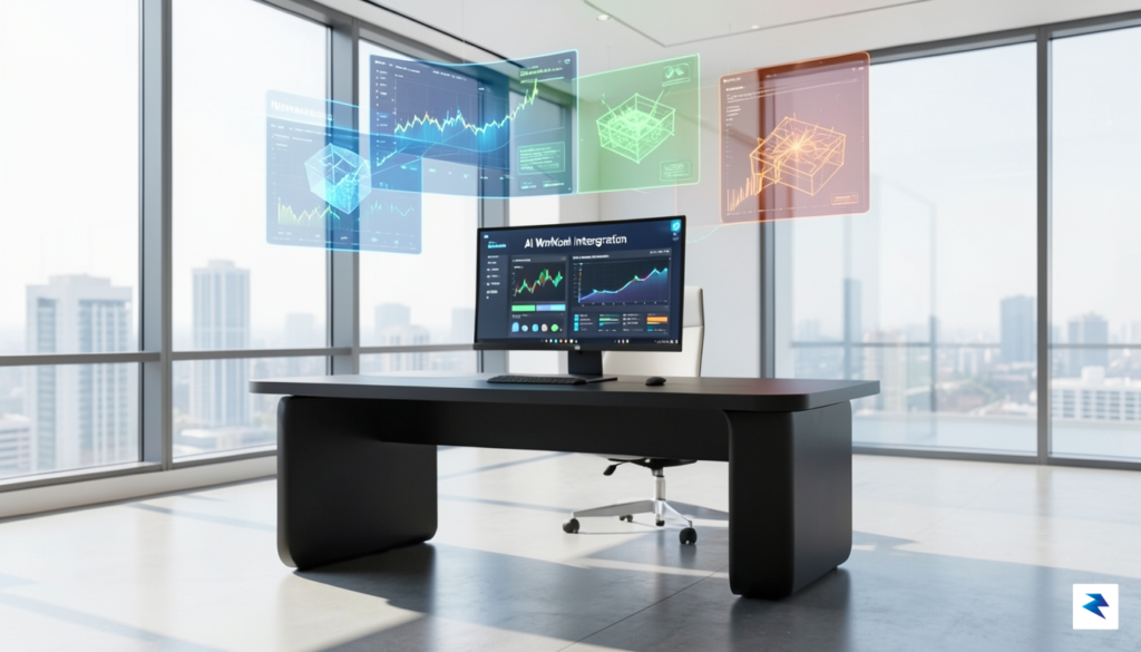 A sleek, modern office workspace featuring multiple holographic data visualizations&hellip;