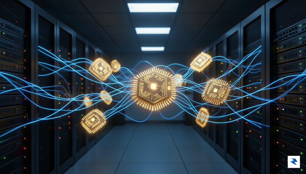 A conceptual digital illustration showing a glowing, intricate network of&hellip;