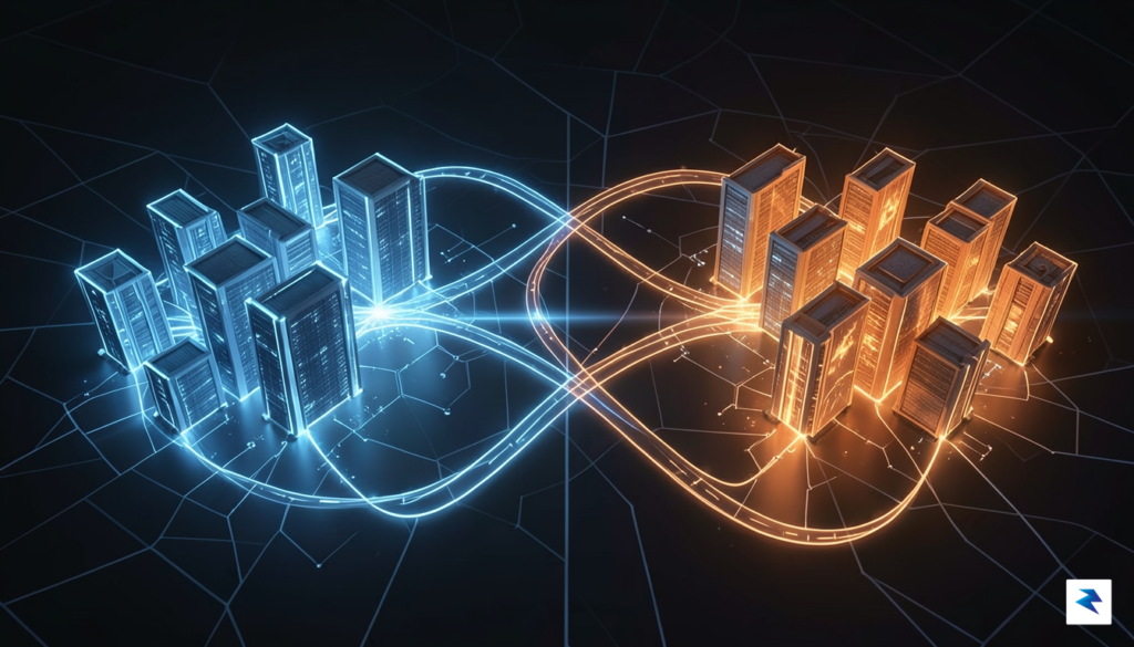 A conceptual digital illustration showing a bifurcated global network of&hellip;