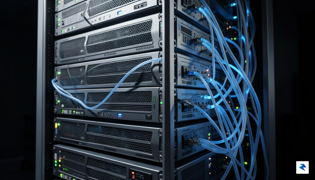 A close-up, cinematic render of a futuristic supercomputer server rack&hellip;