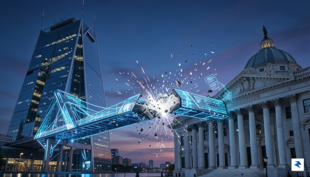 A conceptual illustration showing a digital bridge collapsing between a&hellip;