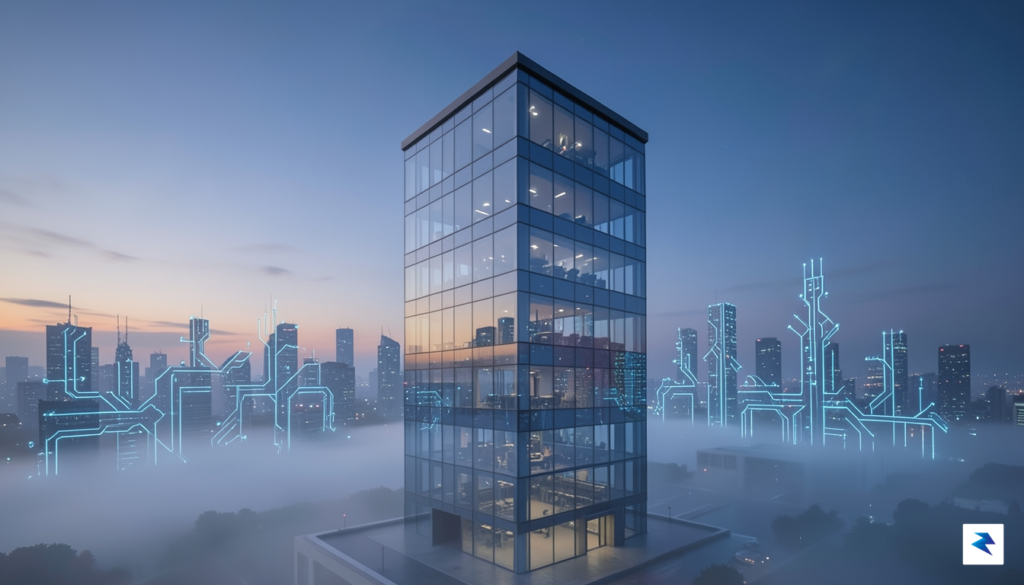 A modern, minimalist glass office building overlooking a foggy, digital-circuit-inspired&hellip;