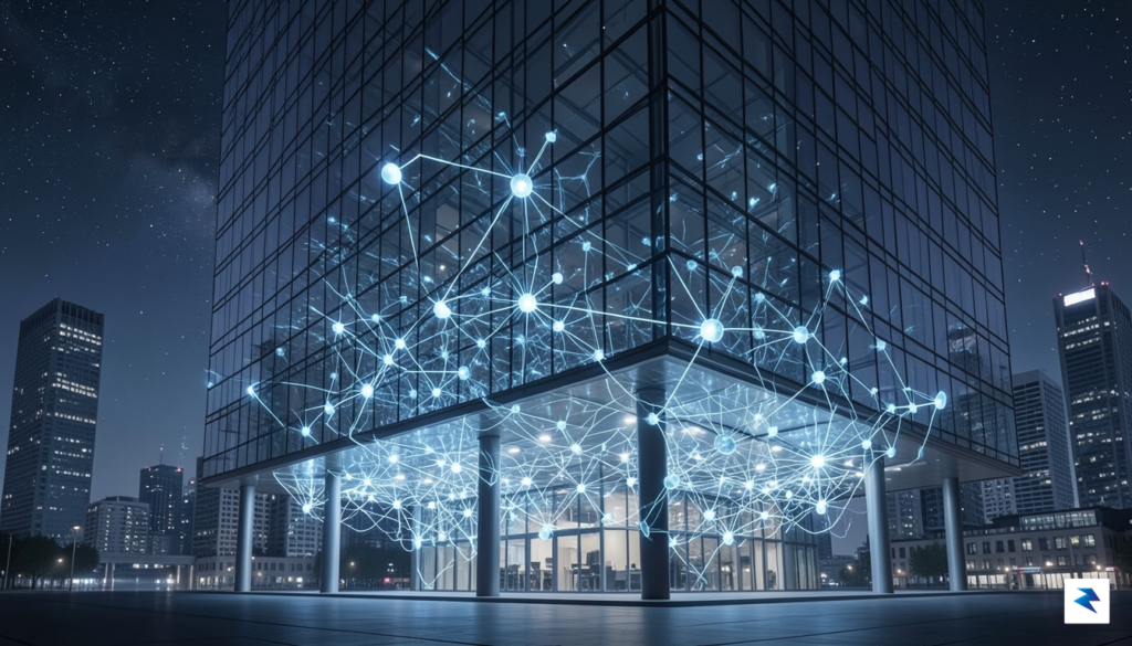 A conceptual illustration showing a complex network of glowing, interconnected&hellip;