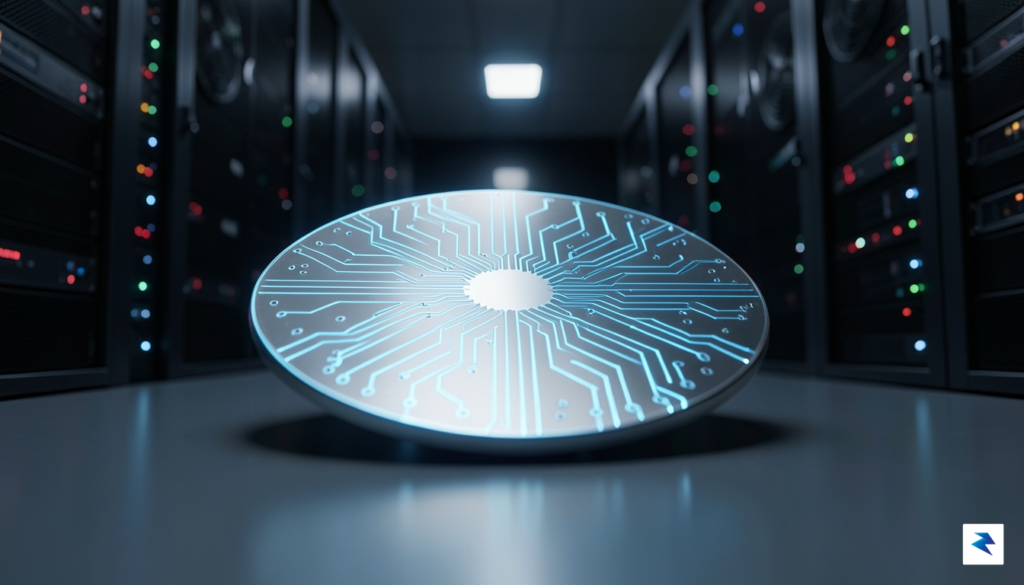 A close-up, high-tech conceptual visualization of a custom-engineered silicon wafer&hellip;