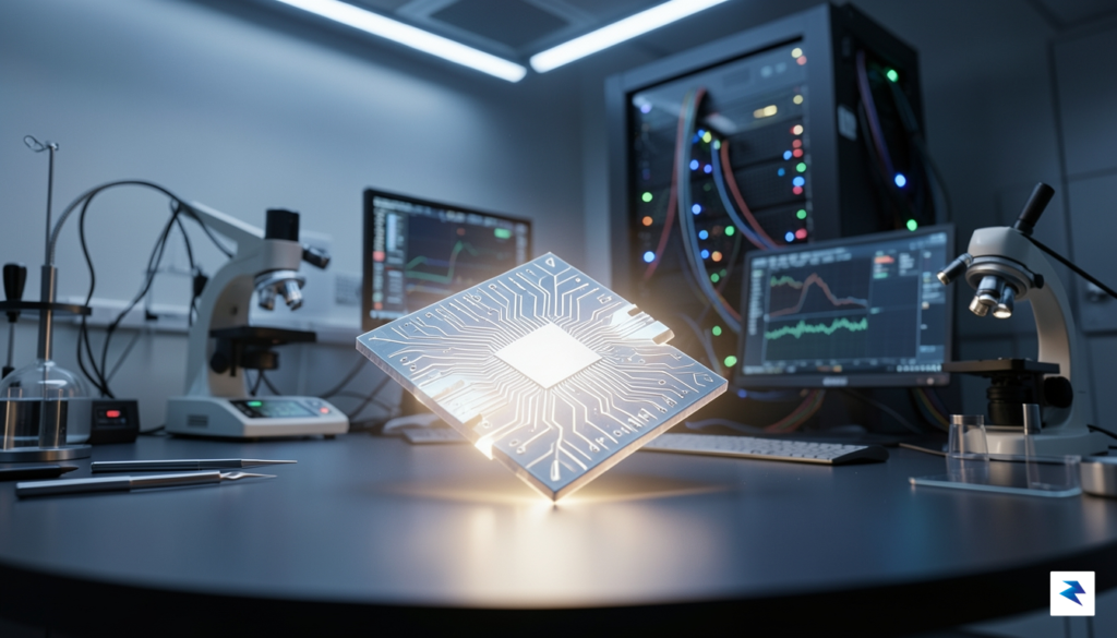 A conceptual digital rendering showing a sleek, futuristic silicon wafer&hellip;