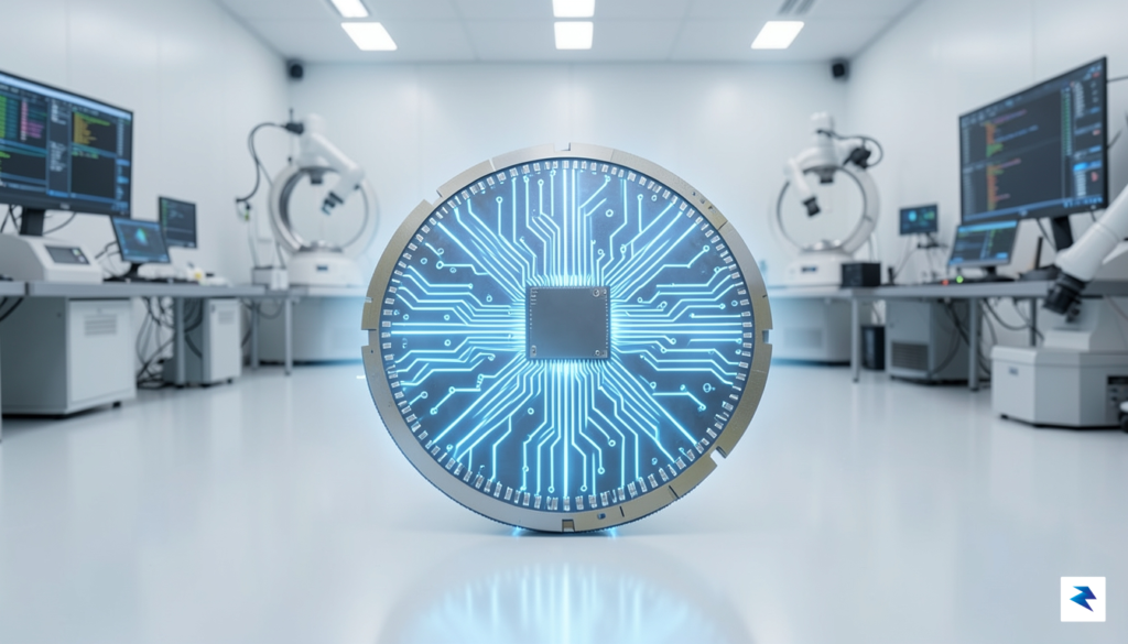 A close-up, high-tech visualization of a semiconductor wafer being processed&hellip;