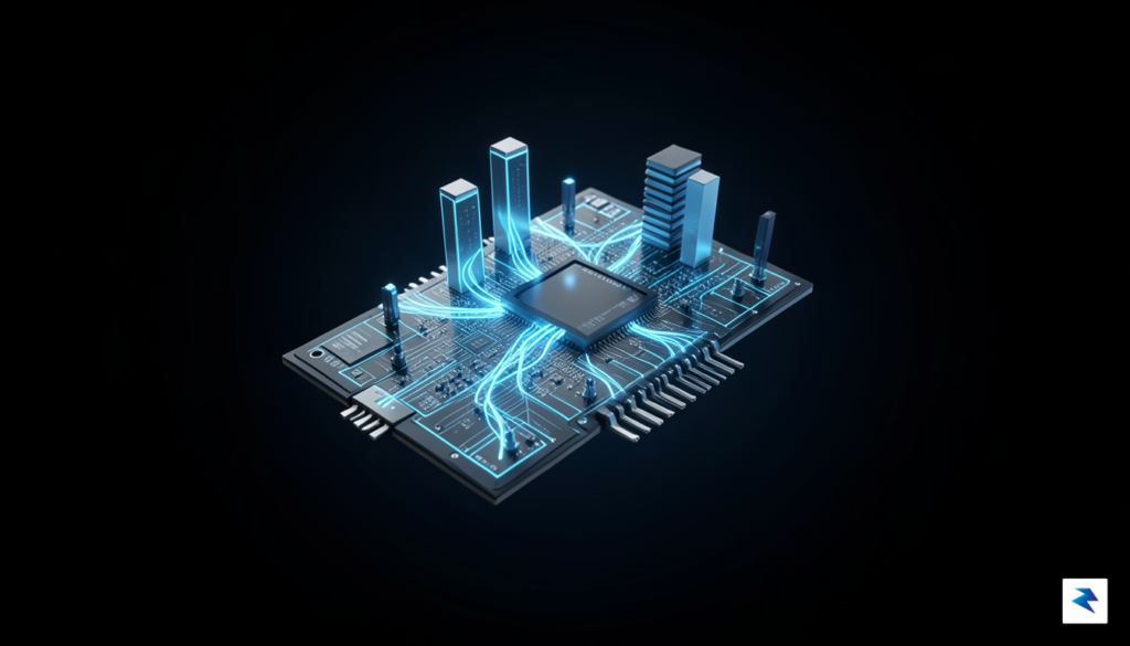 A 3D render of a sleek, custom-designed silicon chip floating&hellip;