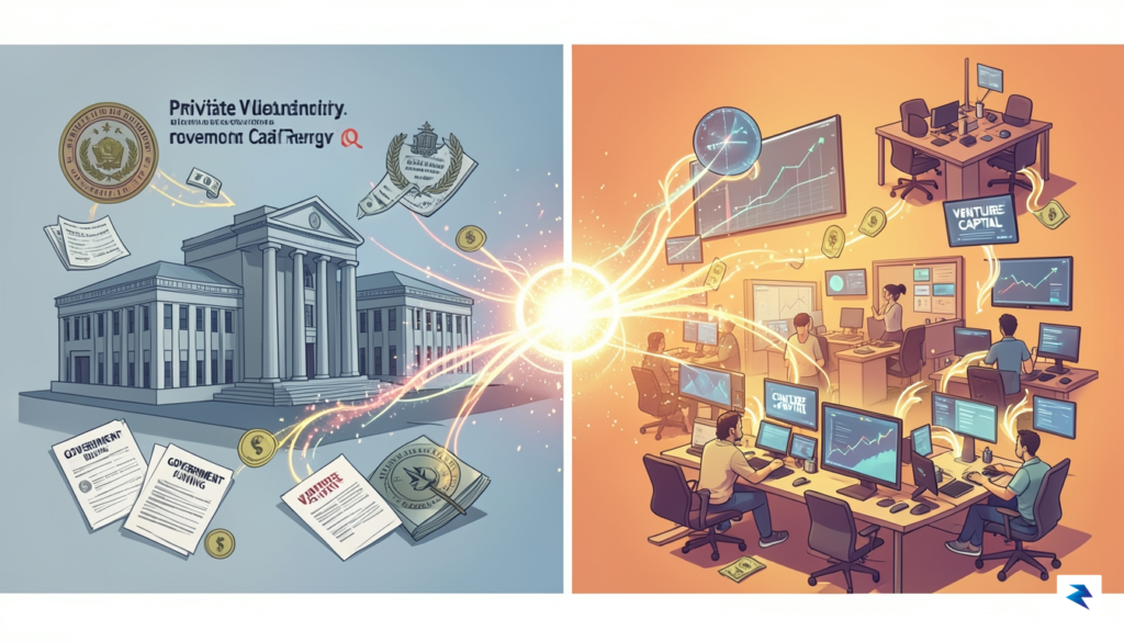 A stylized graphic depicting the shift from government-funded research (represented&hellip;