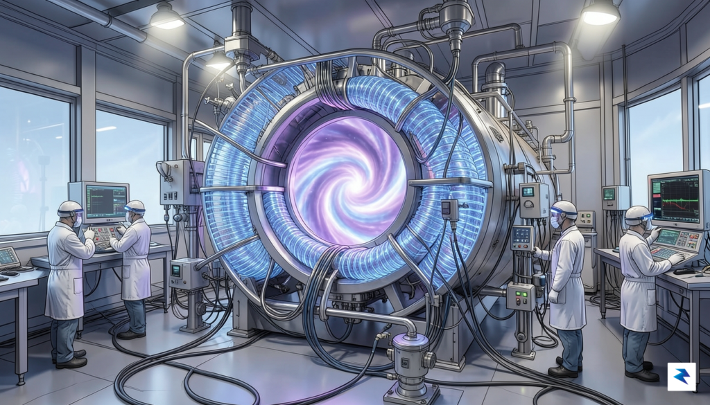 A detailed schematic rendering of a complex fusion reactor, possibly&hellip;