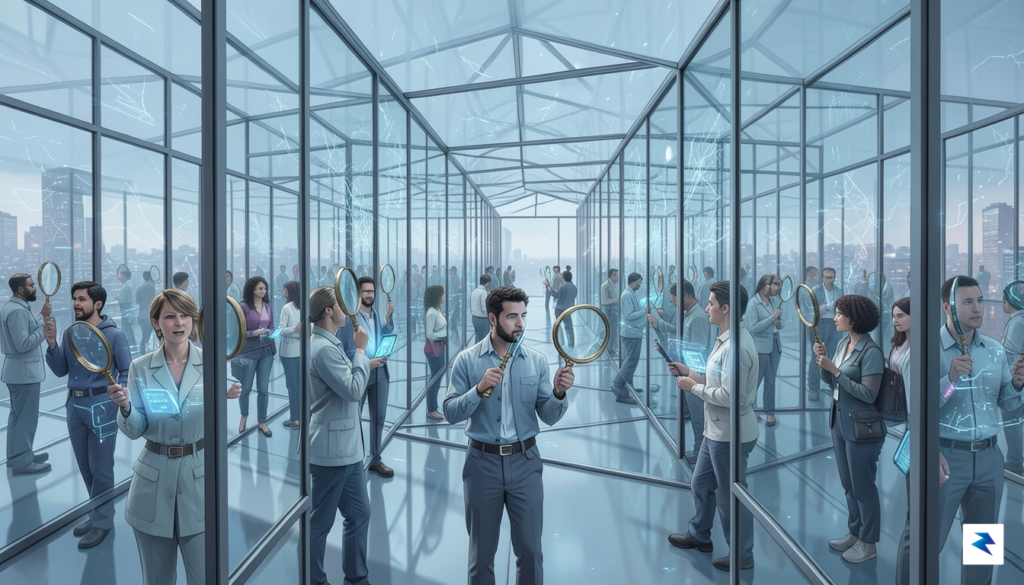 A conceptual digital illustration showing a glass-walled maze being examined&hellip;