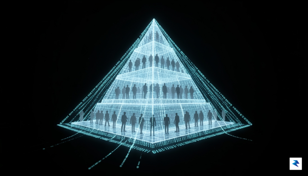 A conceptual digital illustration of a glowing, translucent pyramid structure&hellip;