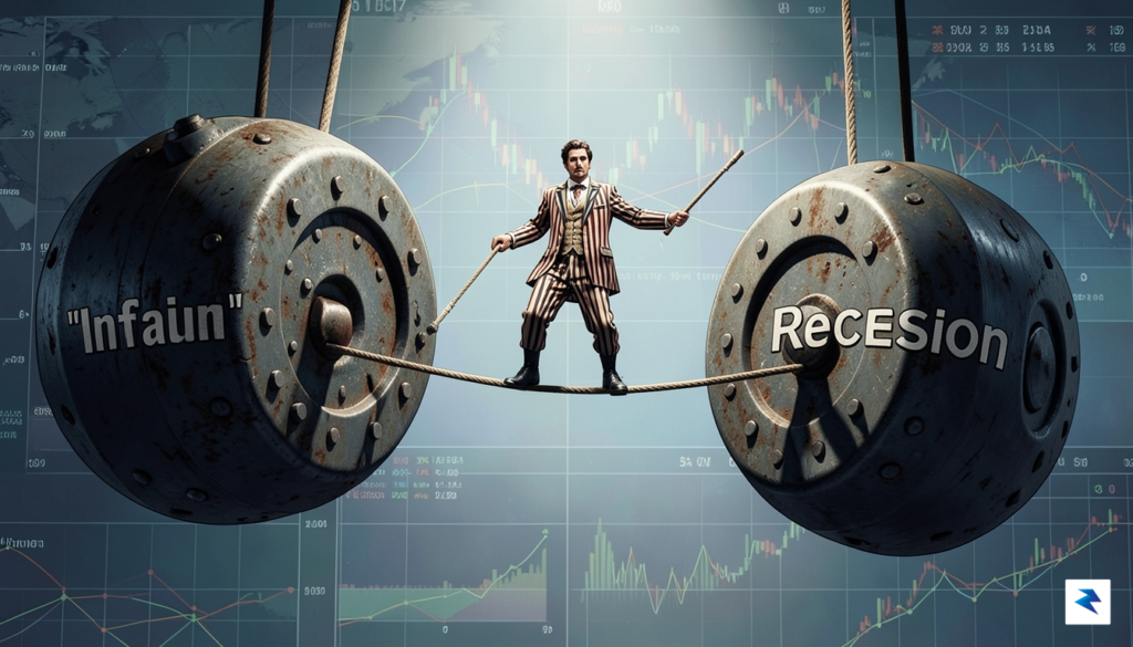 A conceptual illustration showing a tightrope walker balancing between two&hellip;