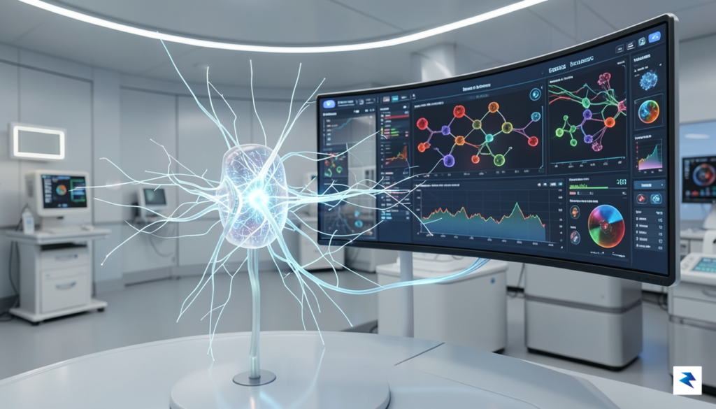 A futuristic medical visualization showing a glowing neural implant interface…
