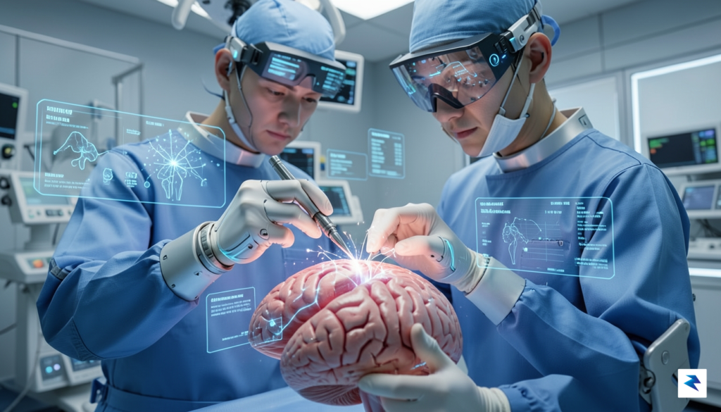 A close-up, high-tech conceptual rendering of a neurosurgeon using precise…