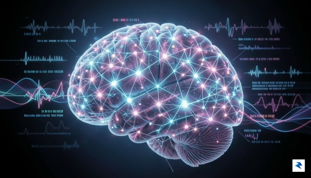 A conceptual digital art piece showing a glowing, intricate neural…