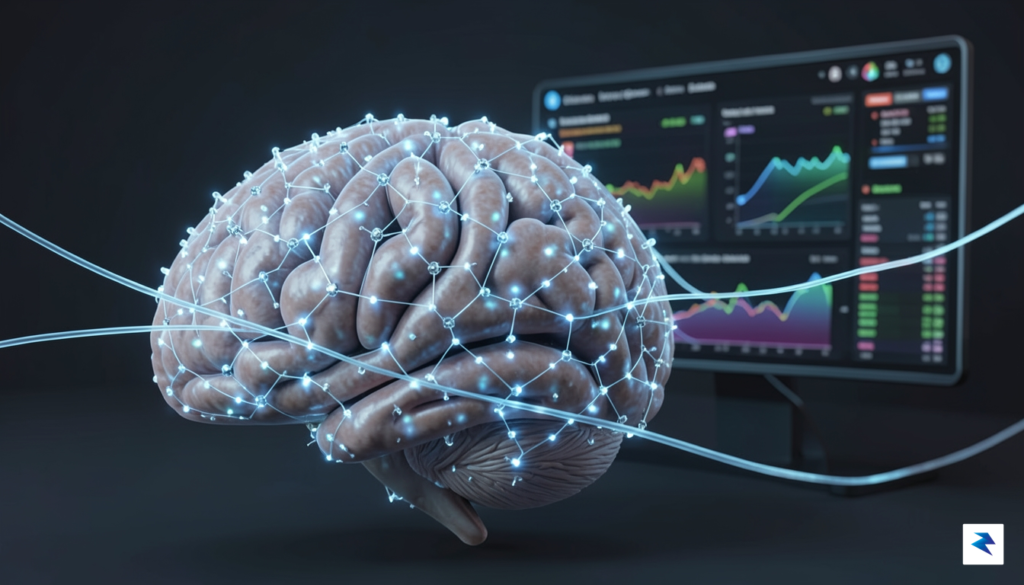A conceptual 3D render showing a glowing, microscopic sensor mesh…
