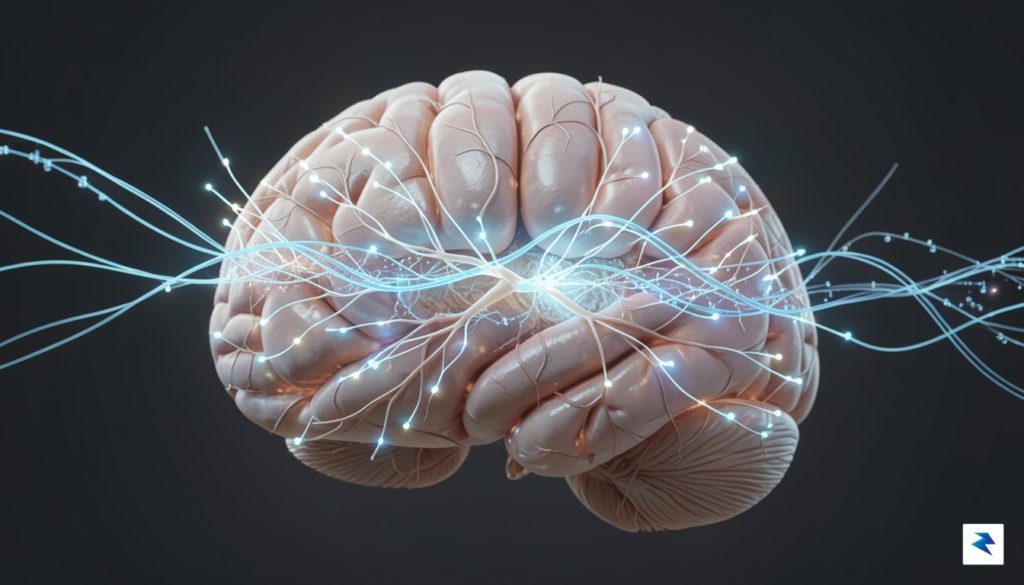 A conceptual 3D medical illustration showing a delicate, glowing micro-electrode…