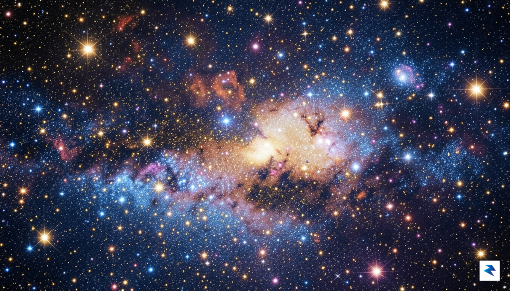 A vibrant, high-contrast visualization showing the dense, star-packed core of&hellip;
