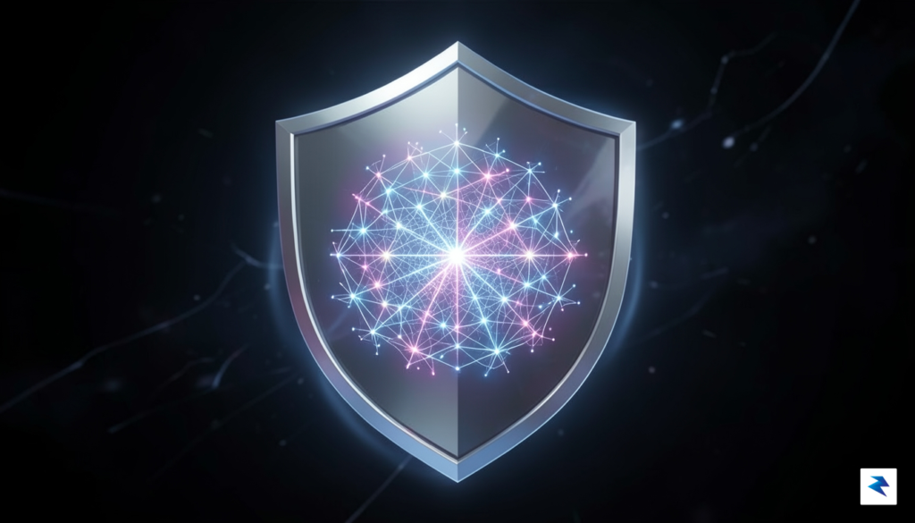 A conceptual illustration showing a digital, glowing neural network architecture&hellip;
