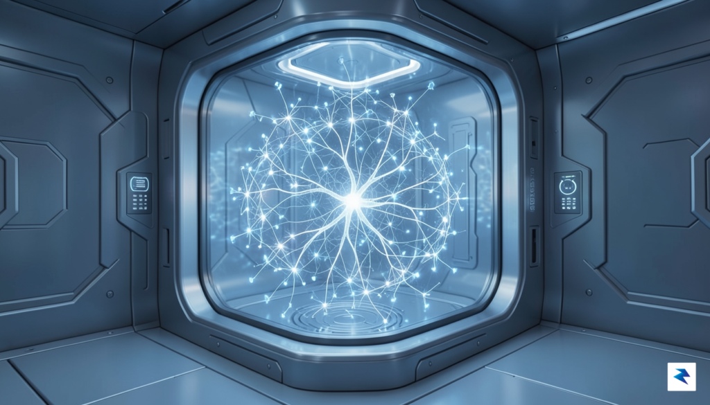 A conceptual digital visualization showing a glowing, multi-layered neural network&hellip;
