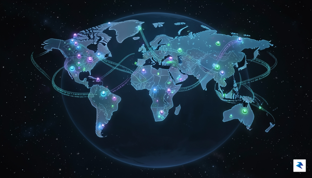 A conceptual illustration showing a digital map of the world&hellip;