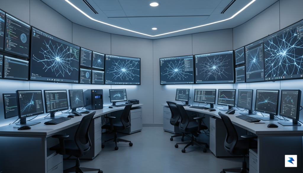 A modern, high-tech security operations center with digital screens displaying&hellip;
