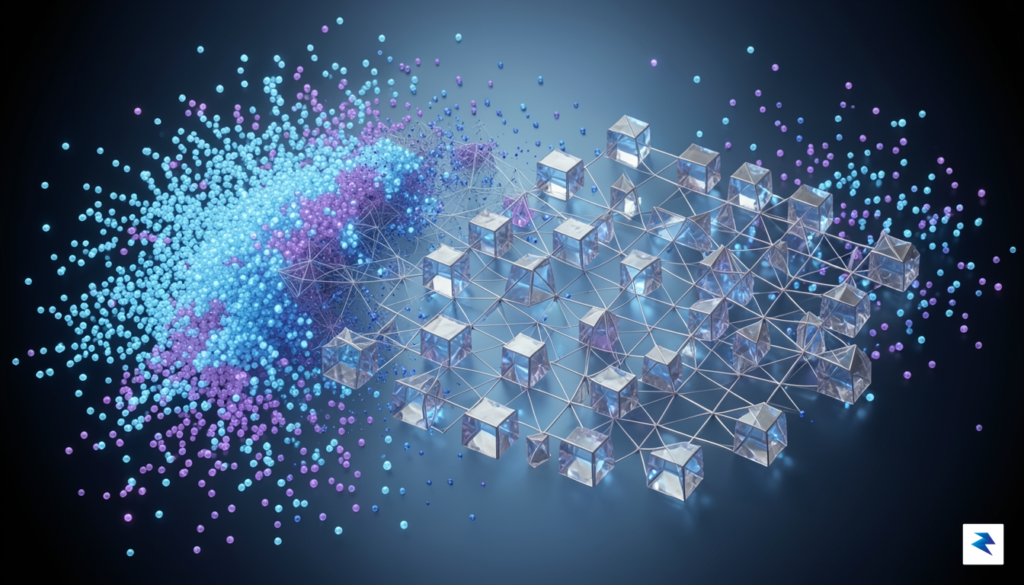 A sophisticated digital visualization showing a neural network architecture transitioning&hellip;