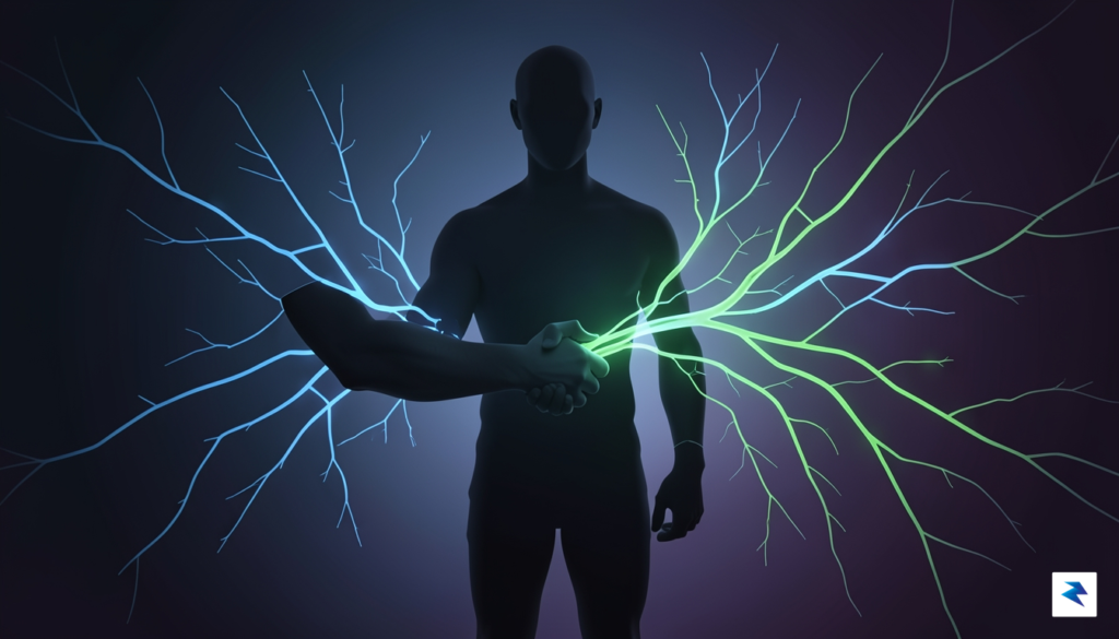 A conceptual digital illustration showing a human silhouette shaking hands&hellip;