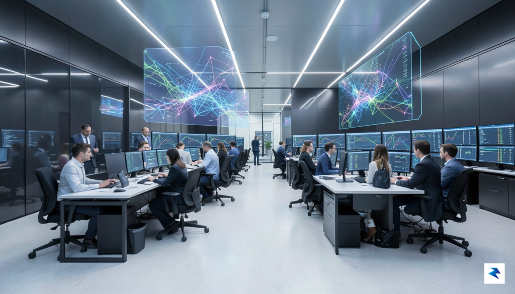A modern, sleek data operations center with holographic projections of&hellip;