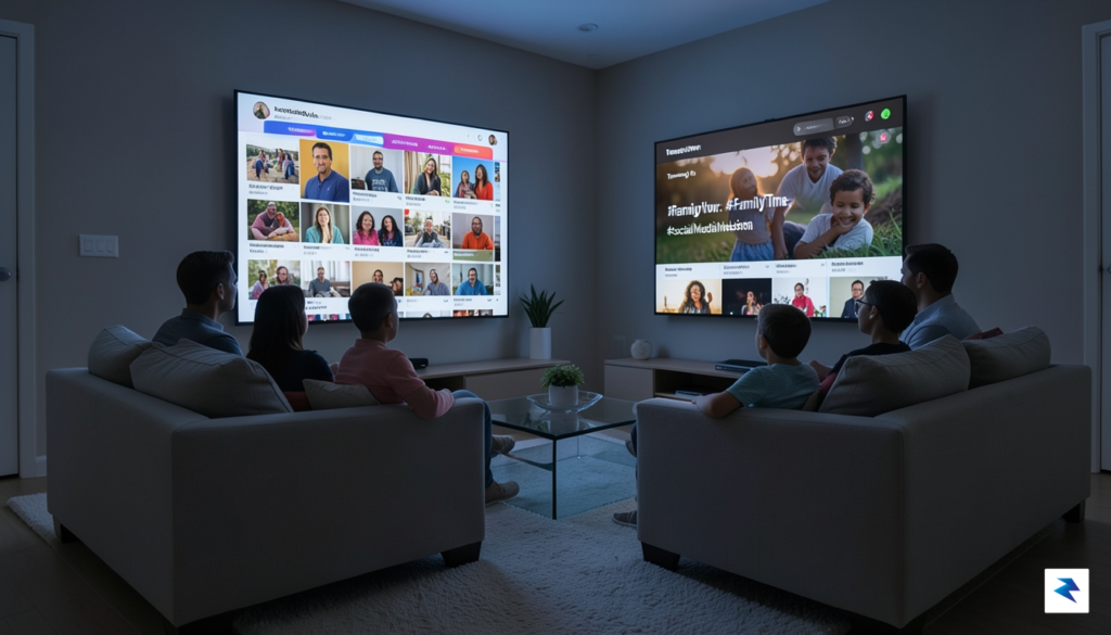 A modern, dimly lit living room with a large television&hellip;