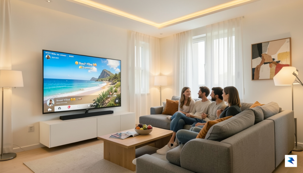 A modern living room with a large smart TV displaying&hellip;