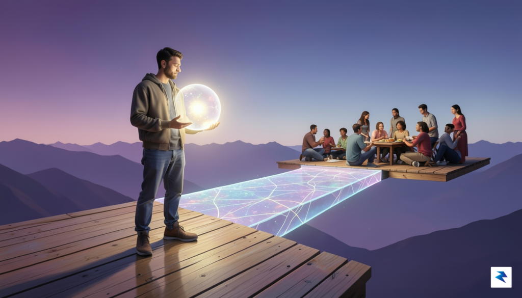 A conceptual digital illustration showing a creator connecting with a&hellip;