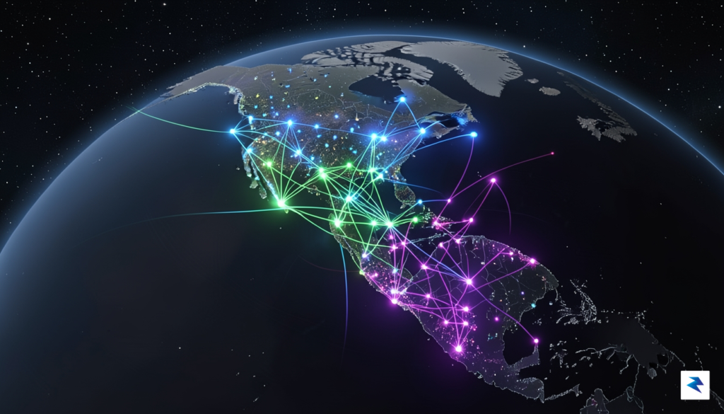 A digital visualization of a global network map with glowing&hellip;