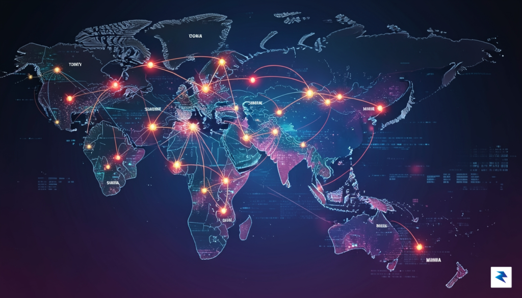 A conceptual digital map of the Asia-Pacific region with glowing,&hellip;