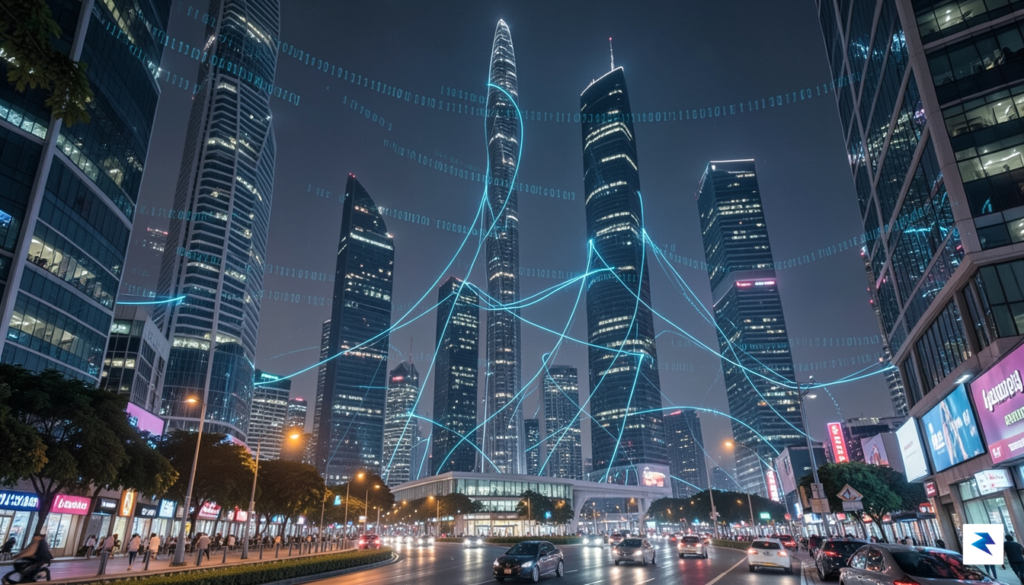 A modern, sprawling digital cityscape in Southeast Asia at night,&hellip;