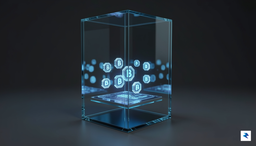 A sleek, modern digital rendering of a transparent glass vault&hellip;