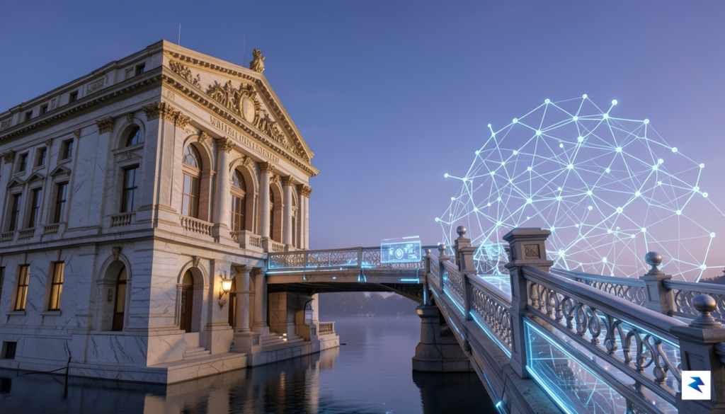 A conceptual digital art piece showing a bridge connecting a&hellip;