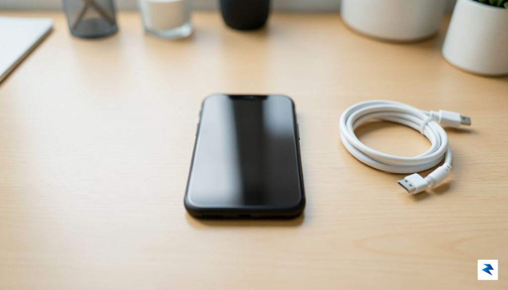 A clean, minimalist flat-lay photograph of an iPhone resting on&hellip;